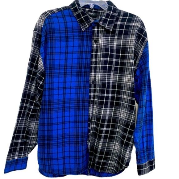 FOREVER 21 SHIRT MEN’S SMALL BLUE BLACK 100% COTTON FLANNEL PLAID COLOR BLOCK. - Picture 1 of 11